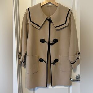 Vero Moda Wool Coat XS Milk Tea Beige Doll Collar Contrast Trim Duffle Toggle
